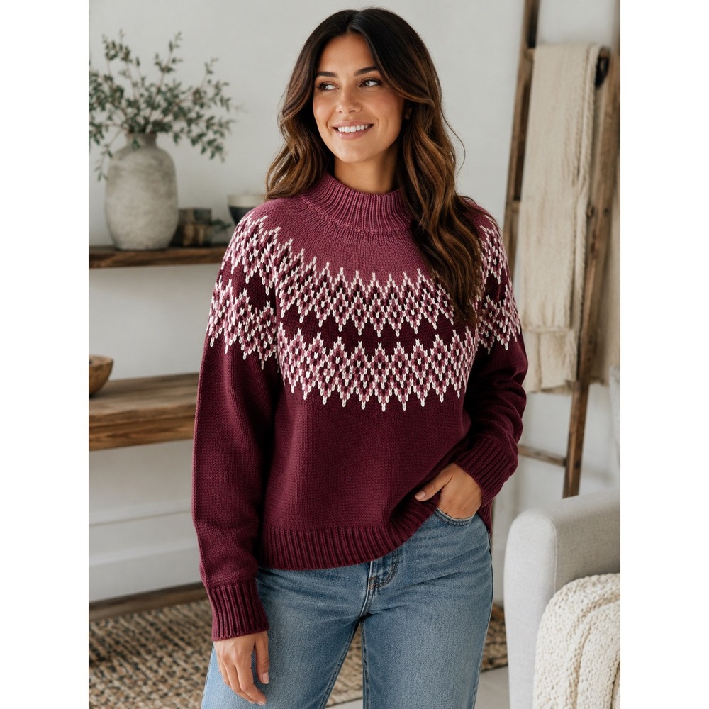 Brooks Brothers Burgundy and Pink Fair Isle Turtleneck Sweater